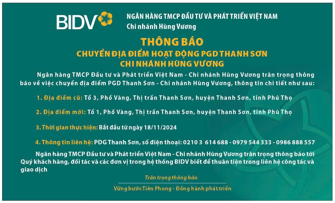 Thông báo chuyển địa điểm hoạt động PGD Thanh Sơn - Chi nhánh Hùng Vương