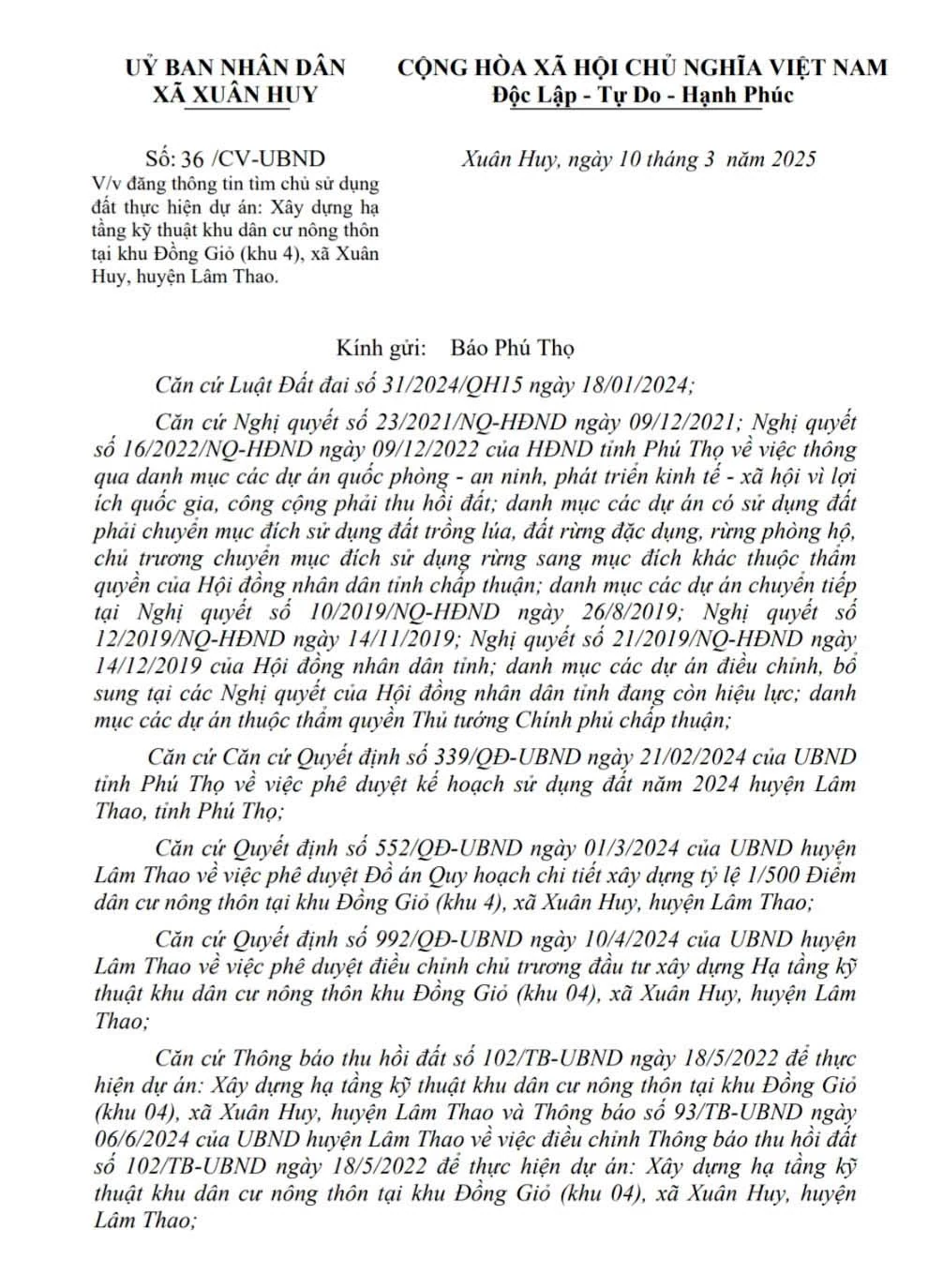 Thông báo tìm chủ sử dụng đất thực hiện dự án: Xây dựng hạ tầng kỹ thuật khu dân cư nông thôn tại khu Đồng Giỏ (khu 4), xã Xuân Huy, huyện Lâm Thao