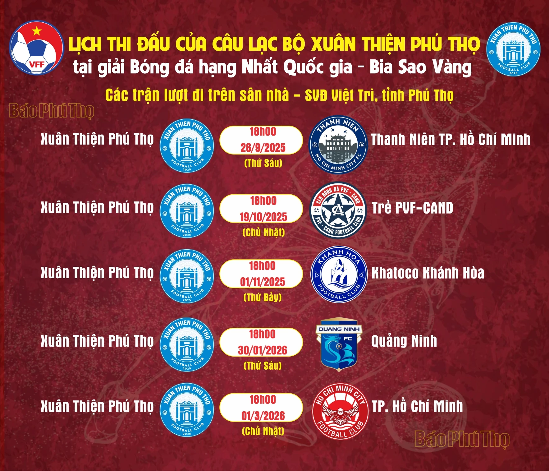 Lich thi đấu của Câu lạc bộ Xuân Thiện Phú Thọ tại Giải Bóng đá hạng Nhất Quốc gia - Bia Sao Vàng