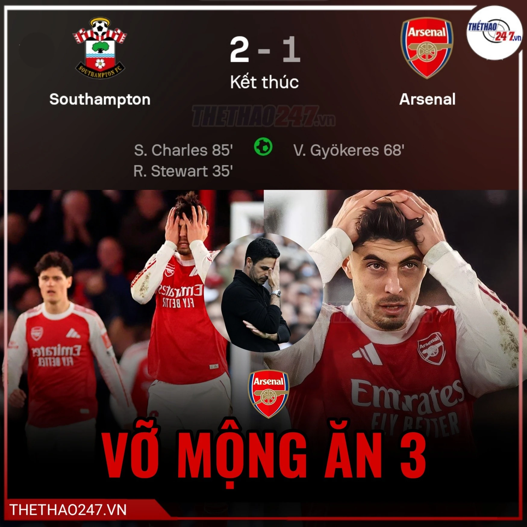 Southampton tạo địa chấn, Arsenal chính thức vỡ mộng ăn ba mùa 2025/26