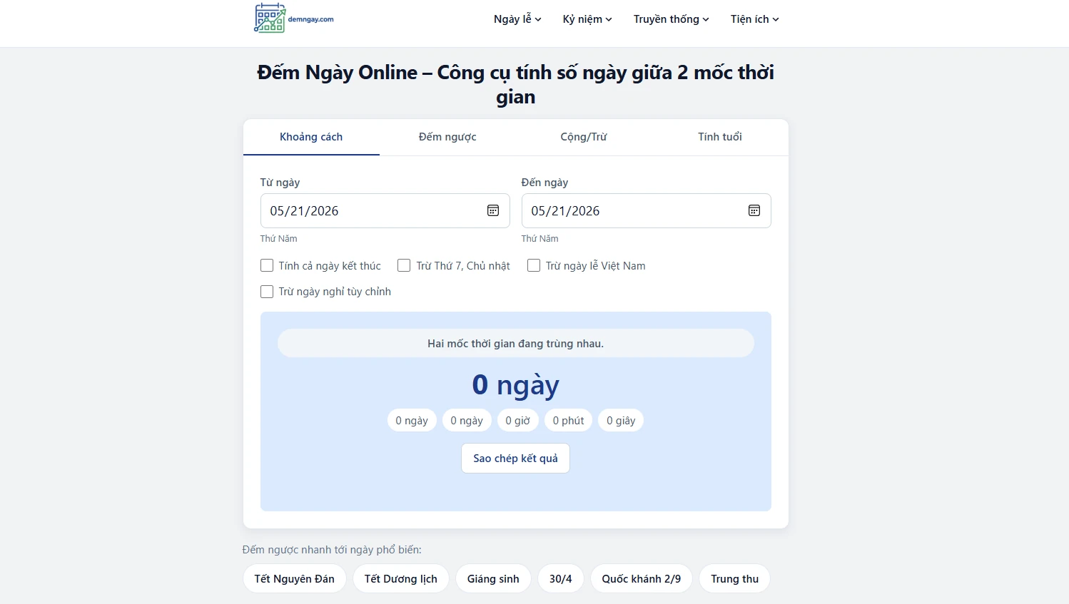 Demngay.com - website đếm ngày online cho người Việt