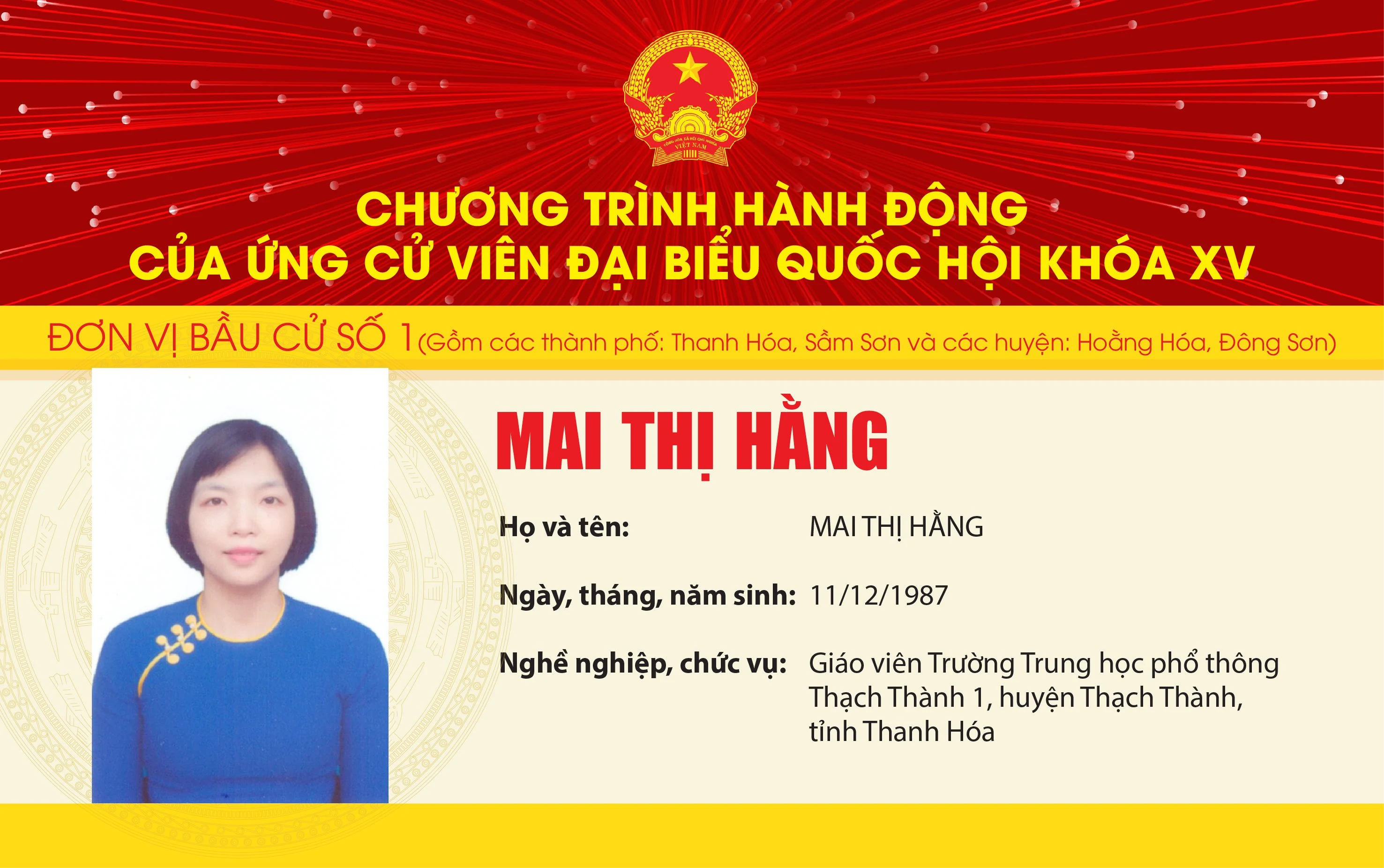 Chương trình hành động của Ứng cử viên Đại biểu Quốc hội khóa XV Mai Thị Hằng - Đơn vị bầu cử số 1