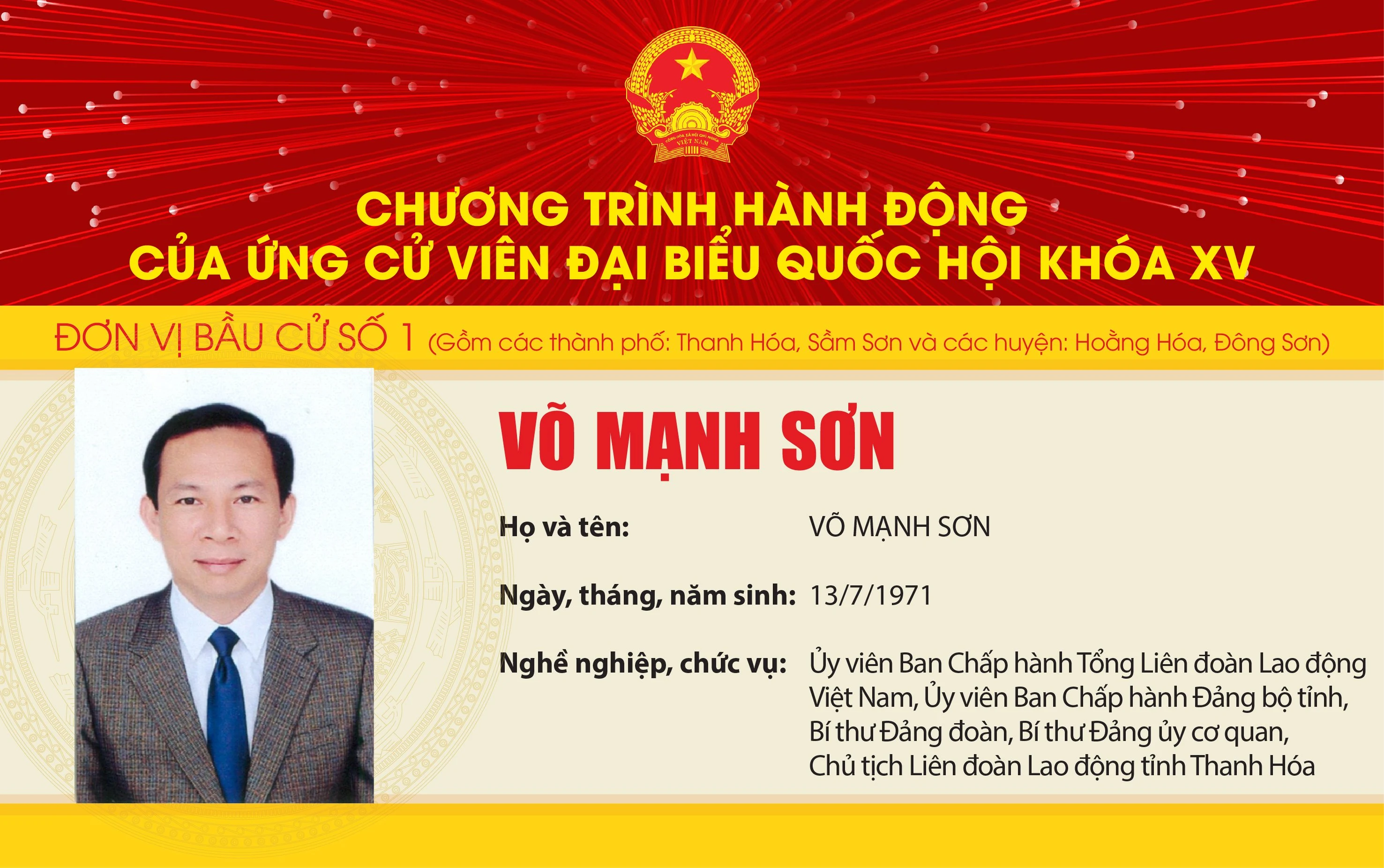 Chương trình hành động của Ứng cử viên Đại biểu Quốc hội khóa XV Võ Mạnh Sơn - Đơn vị bầu cử số 1