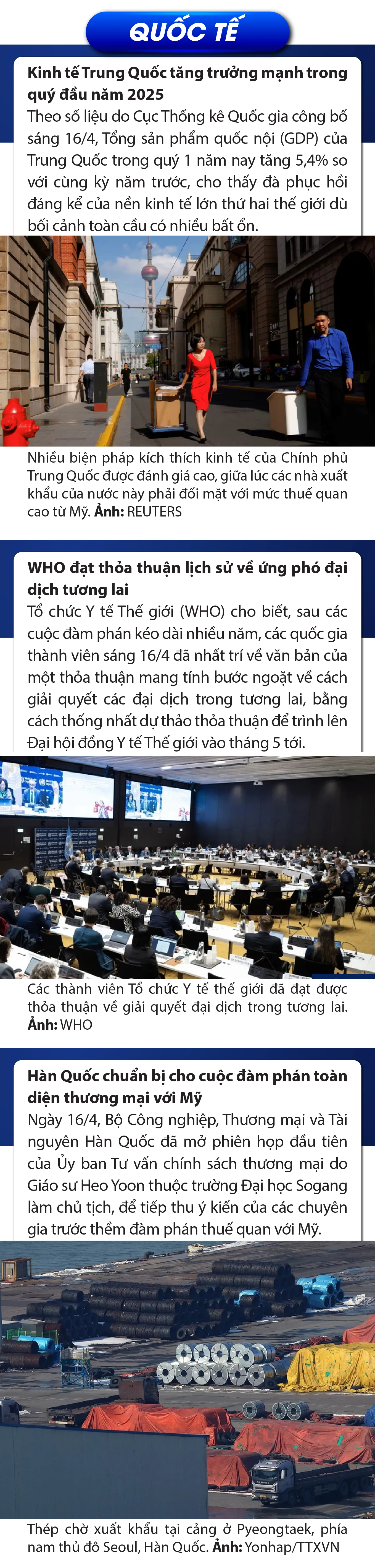 Sự kiện nổi bật trong nước, quốc tế ngày 16/4/2025