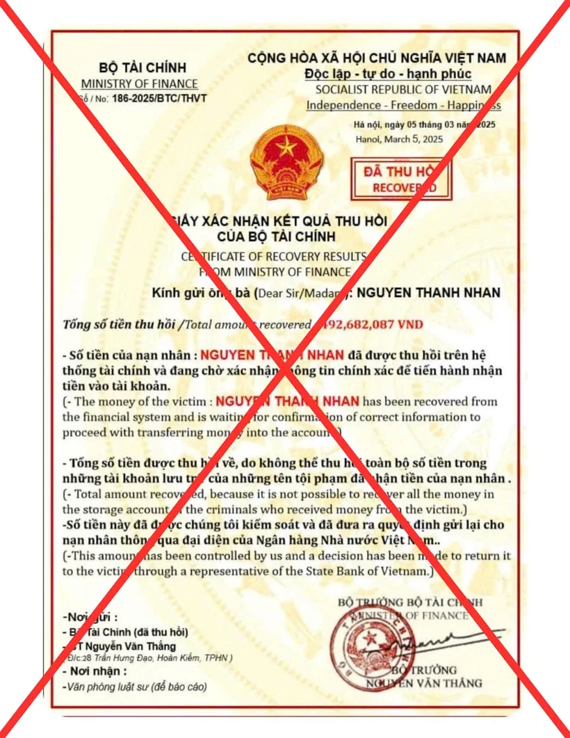 Cảnh báo giả mạo con dấu, chữ ký của lãnh đạo Bộ Tài chính để yêu cầu chuyển tiền