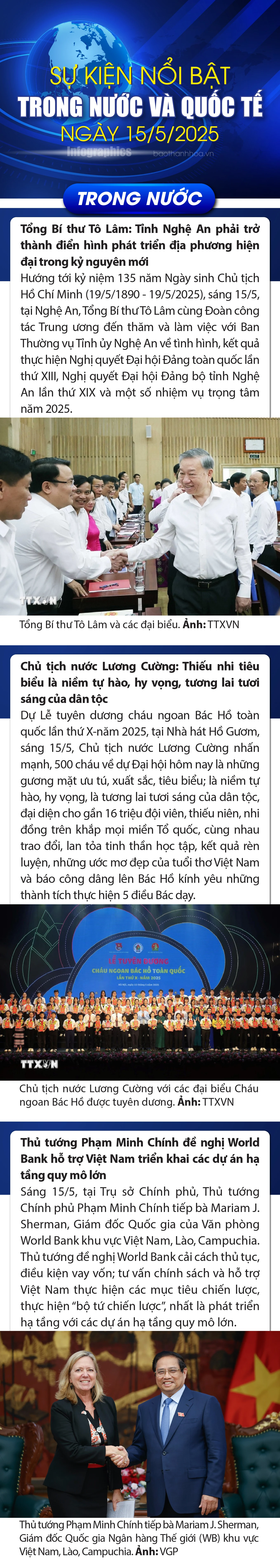 Sự kiện nổi bật trong nước, quốc tế ngày 15/5/2025