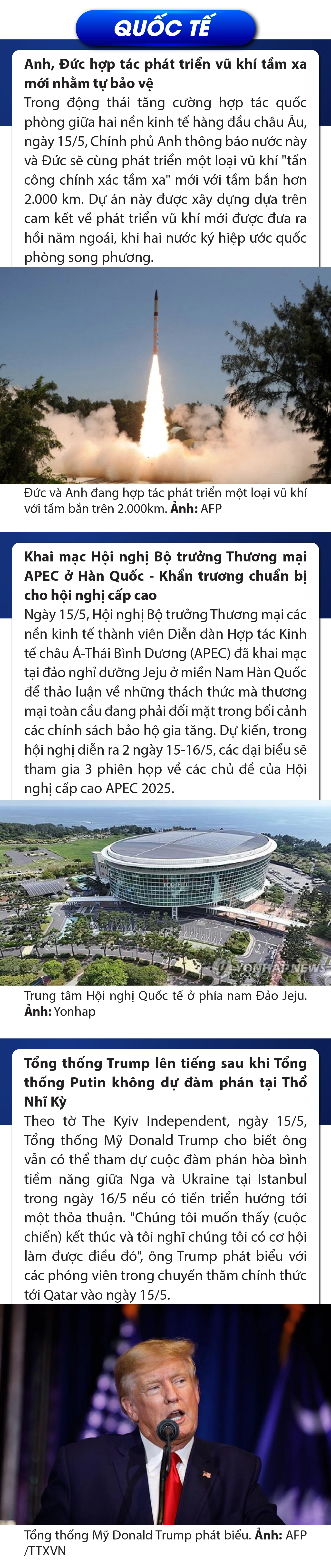 Sự kiện nổi bật trong nước, quốc tế ngày 15/5/2025