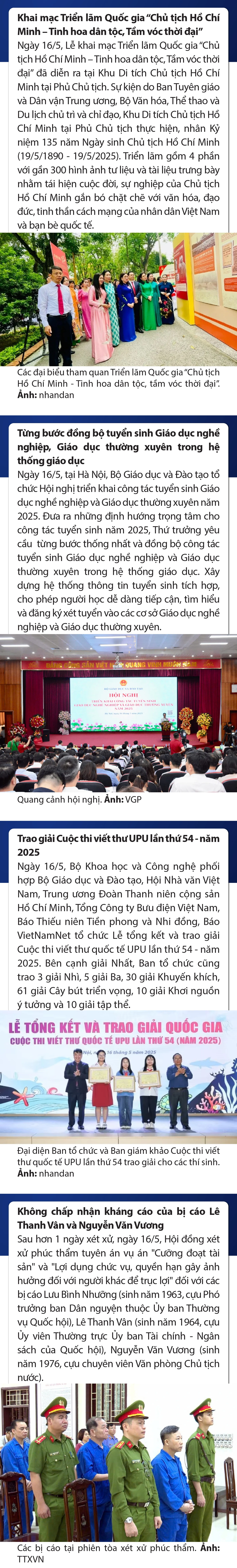 Sự kiện nổi bật trong nước, quốc tế ngày 16/5/2025