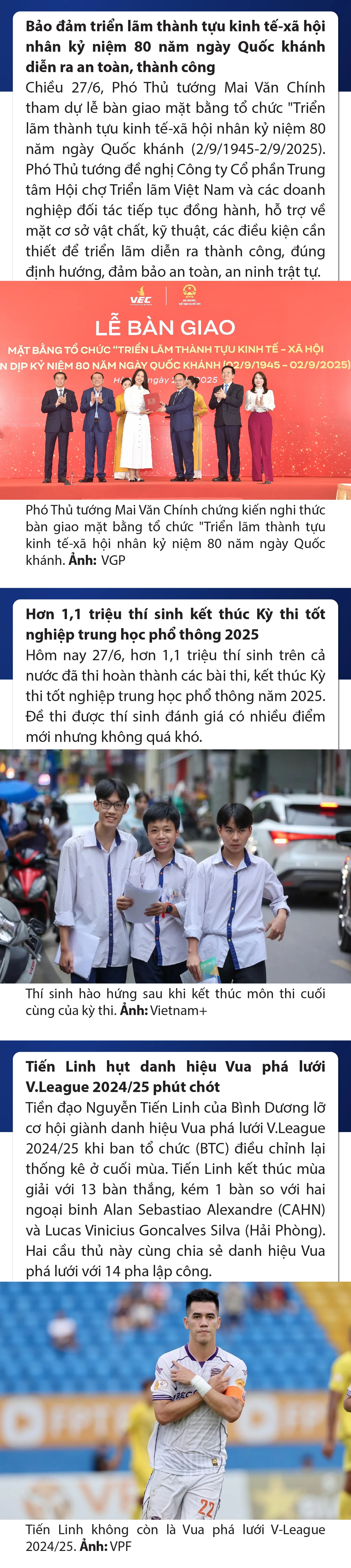 Sự kiện nổi bật trong nước, quốc tế ngày 27/6/2025