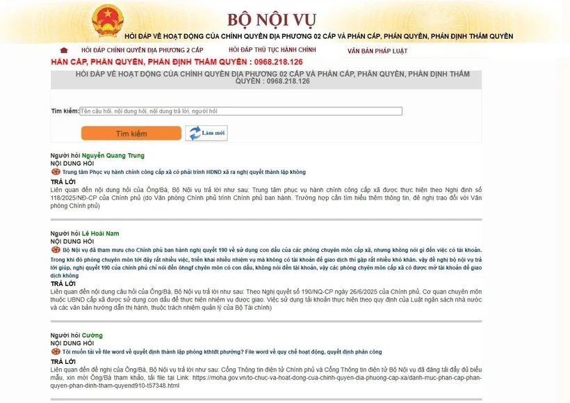 Bộ Nội vụ công bố đường dây nóng giải đáp về hoạt động của chính quyền 2 cấp