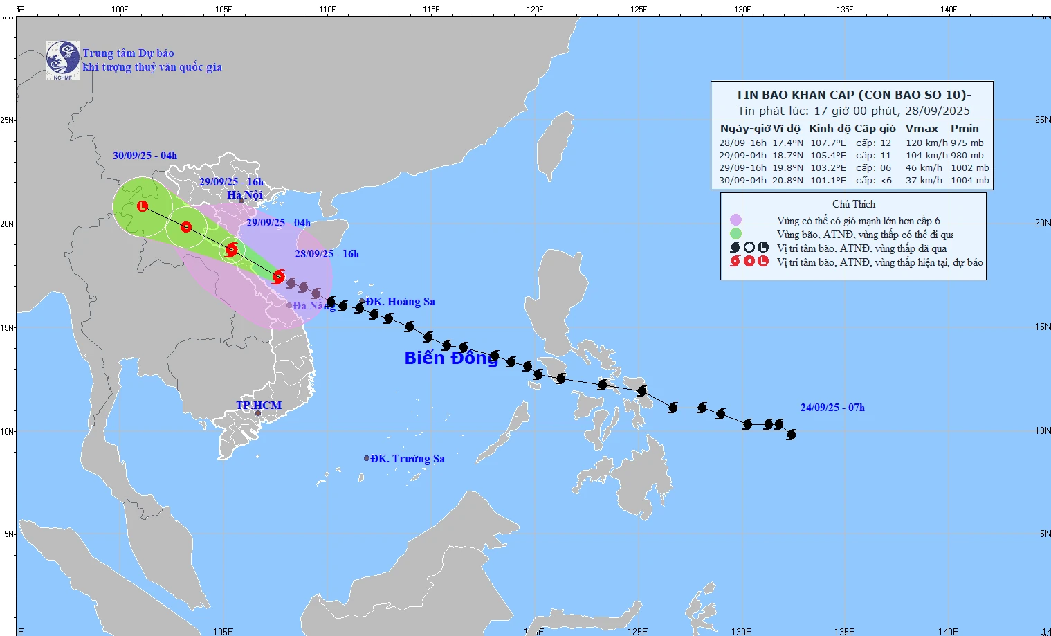 Sáng mai (29/9), bão Bualoi vào đất liền Nghệ An - Hà Tĩnh sau đó suy yếu thành áp thấp nhiệt đới