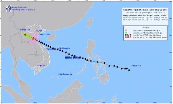 Tối nay (29/9), bão số 10 suy yếu thành áp thấp nhiệt đới