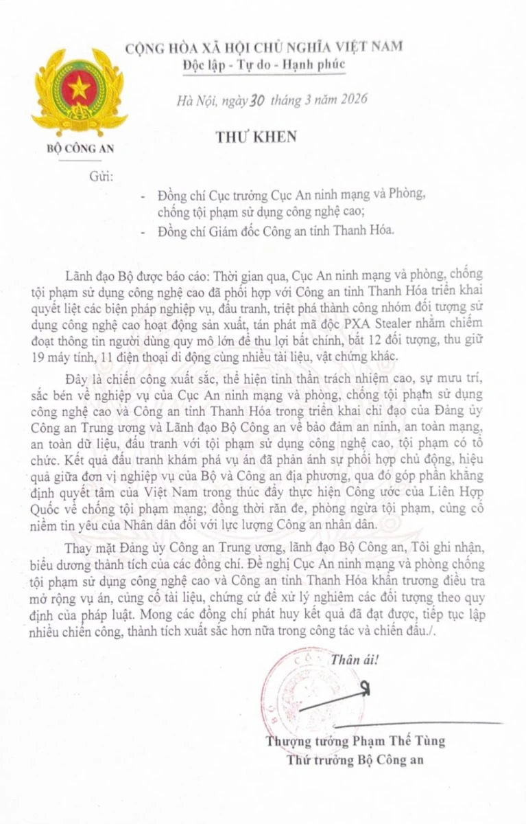 Triệt phá đường dây phát tán mã độc toàn cầu, Công an Thanh Hóa được lãnh đạo Bộ Công an gửi thư khen