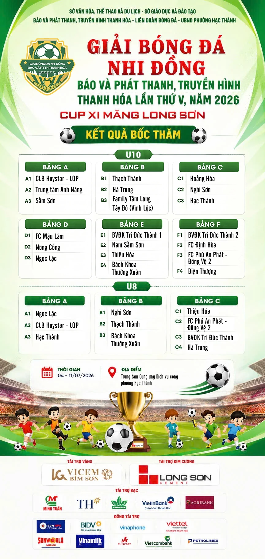 Kết quả bốc thăm giải Bóng đá Nhi đồng Báo và Phát thanh, truyền hình Thanh Hóa lần thứ V, năm 2026 - Cúp Xi Măng Long Sơn