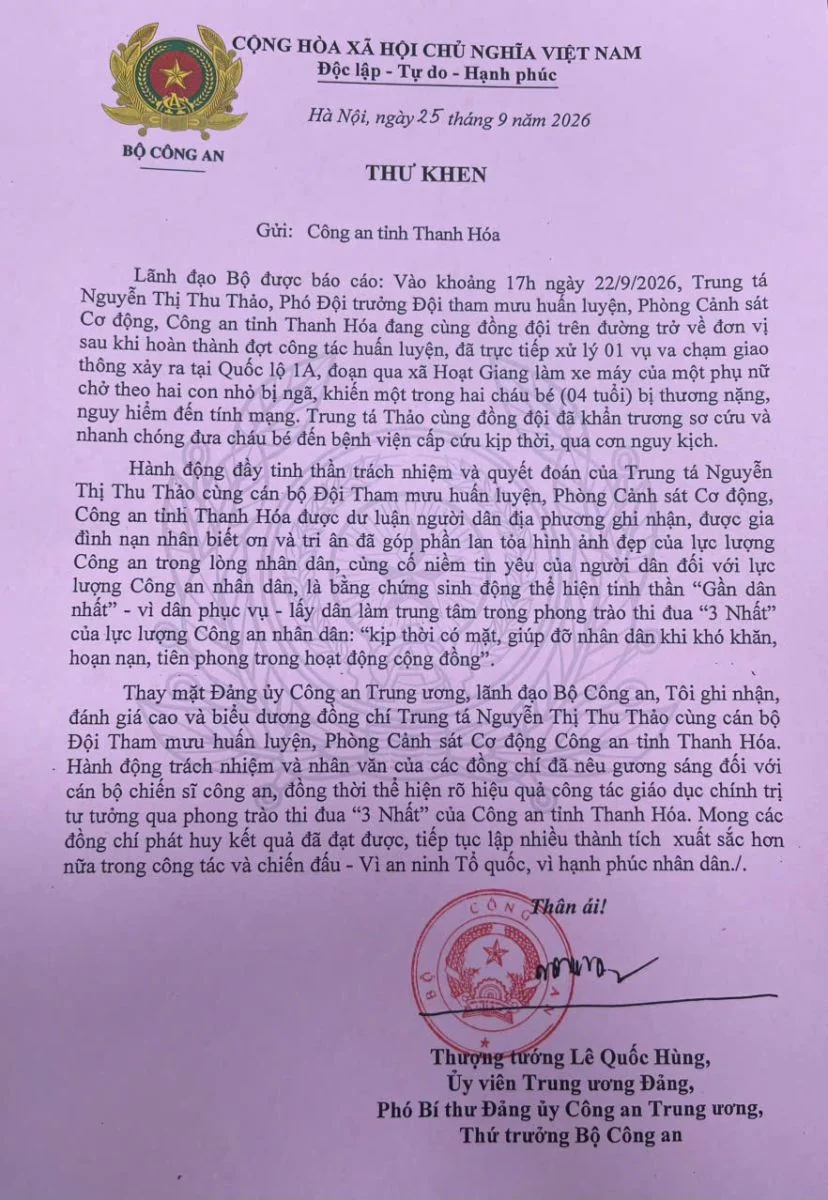 Lãnh đạo Bộ Công an gửi thư khen cán bộ Công an Thanh Hóa kịp thời cứu cháu bé bị tai nạn giao thông