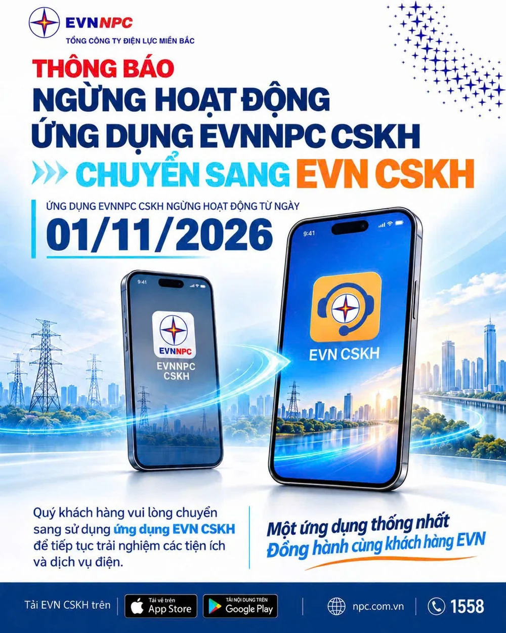 Khách hàng của EVNNPC chuyển sang sử dụng thống nhất ứng dụng EVN CSKH từ 1/11