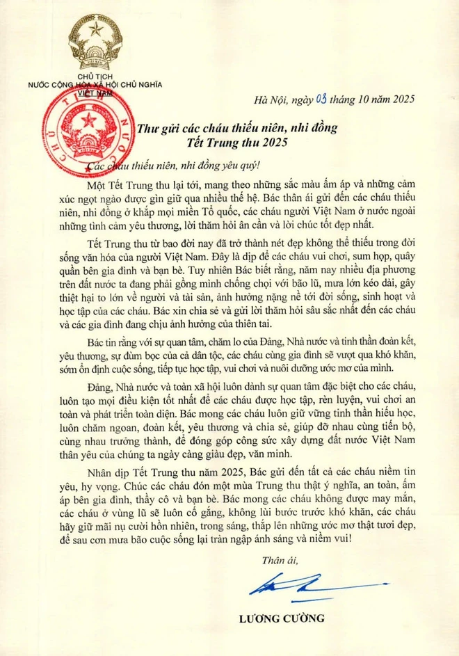 Chủ tịch nước gửi Thư chúc Tết Trung thu 2025 tới các cháu thiếu niên, nhi đồng