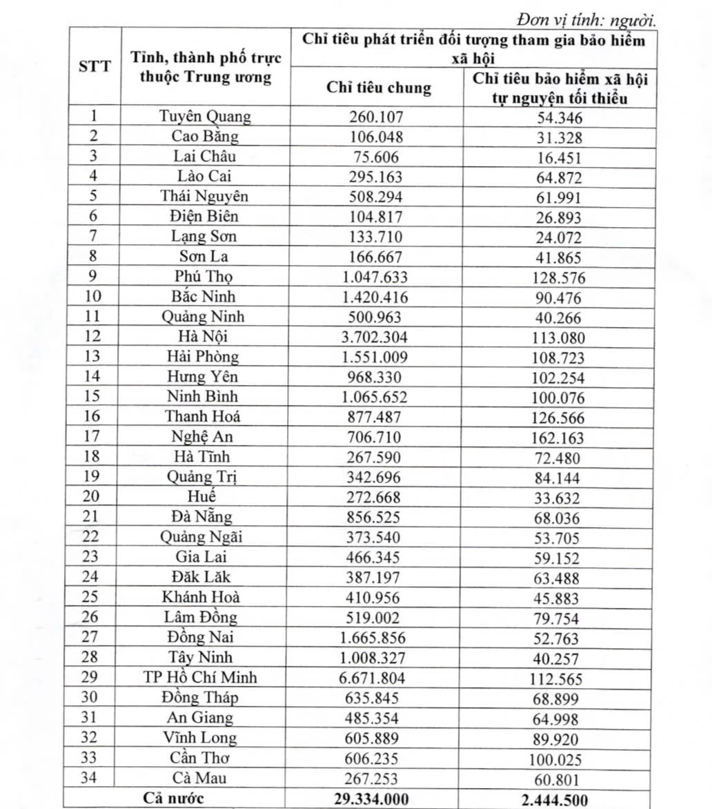 Chính phủ giao chỉ tiêu phát triển đối tượng tham gia bảo hiểm xã hội cho 34 tỉnh, thành phố