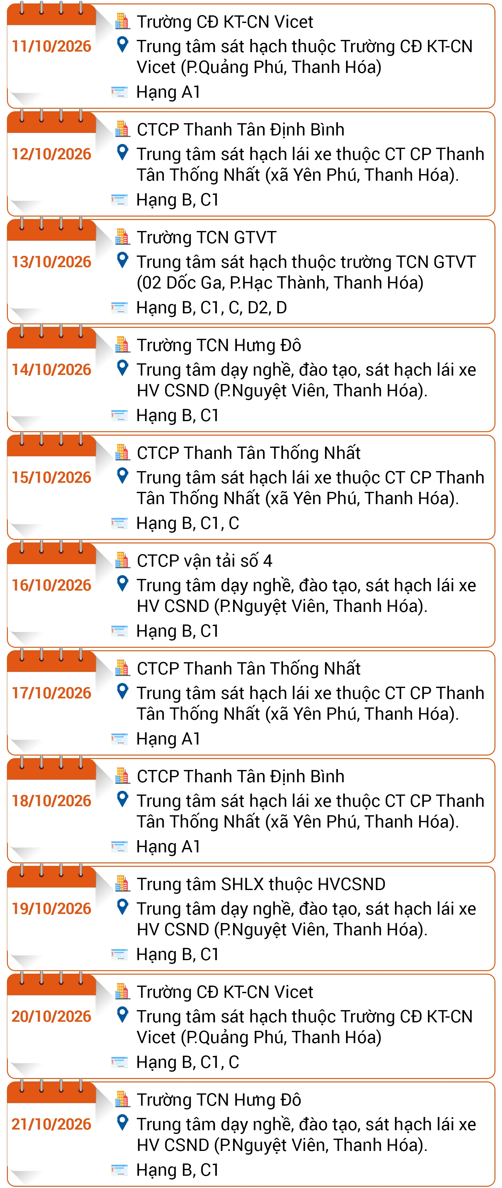 Lịch sát hạch, cấp giấy phép lái xe trên địa bàn tỉnh Thanh Hóa tháng 10/2026