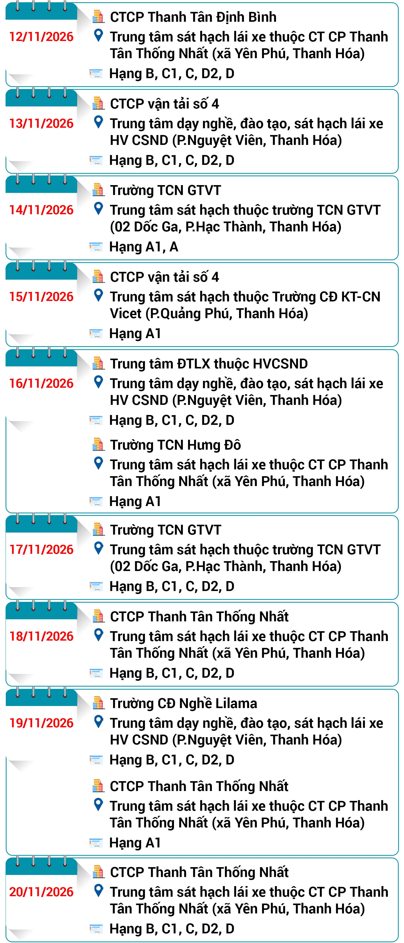 Lịch sát hạch, cấp giấy phép lái xe trên địa bàn tỉnh Thanh Hóa tháng 11/2026