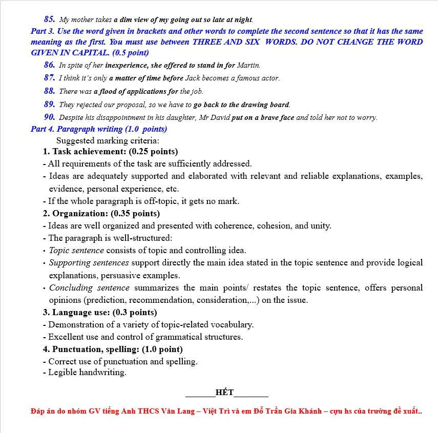 Gợi ý đáp án môn Tiếng Anh (chuyên Anh) vào lớp 10 Trường THPT Chuyên Hùng Vương