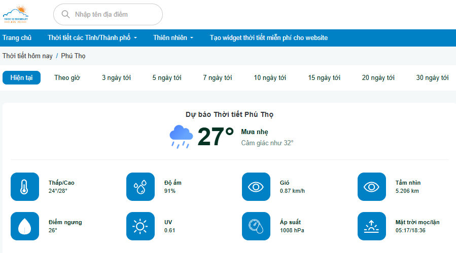 Hướng dẫn cách xem dự báo thời tiết Phú Thọ hôm nay, ngày mai và những ngày tới