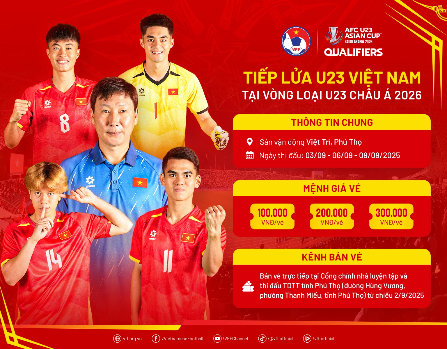 Mở bán vé trực tiếp các trận thi đấu Vòng loại giải Bóng đá U23 châu Á 2026 – Bảng C tại Phú Thọ