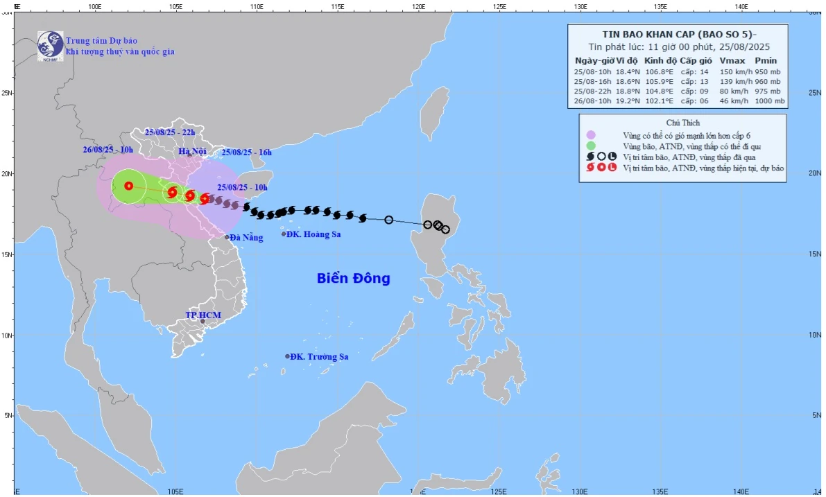 Bão số 5 tiến sát đất liền, gió giật cấp 16 nguy hiểm