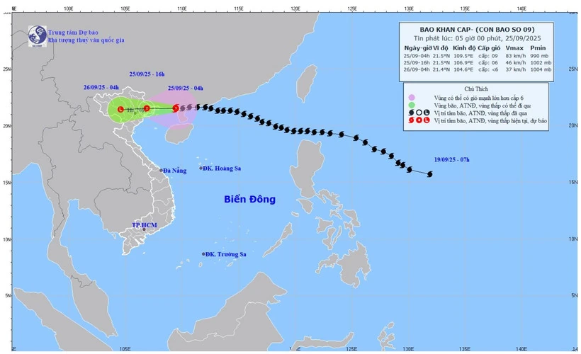 Bão số 9 (Ragasa) giật cấp 11, cách Móng Cái (Quảng Ninh) khoảng 170km