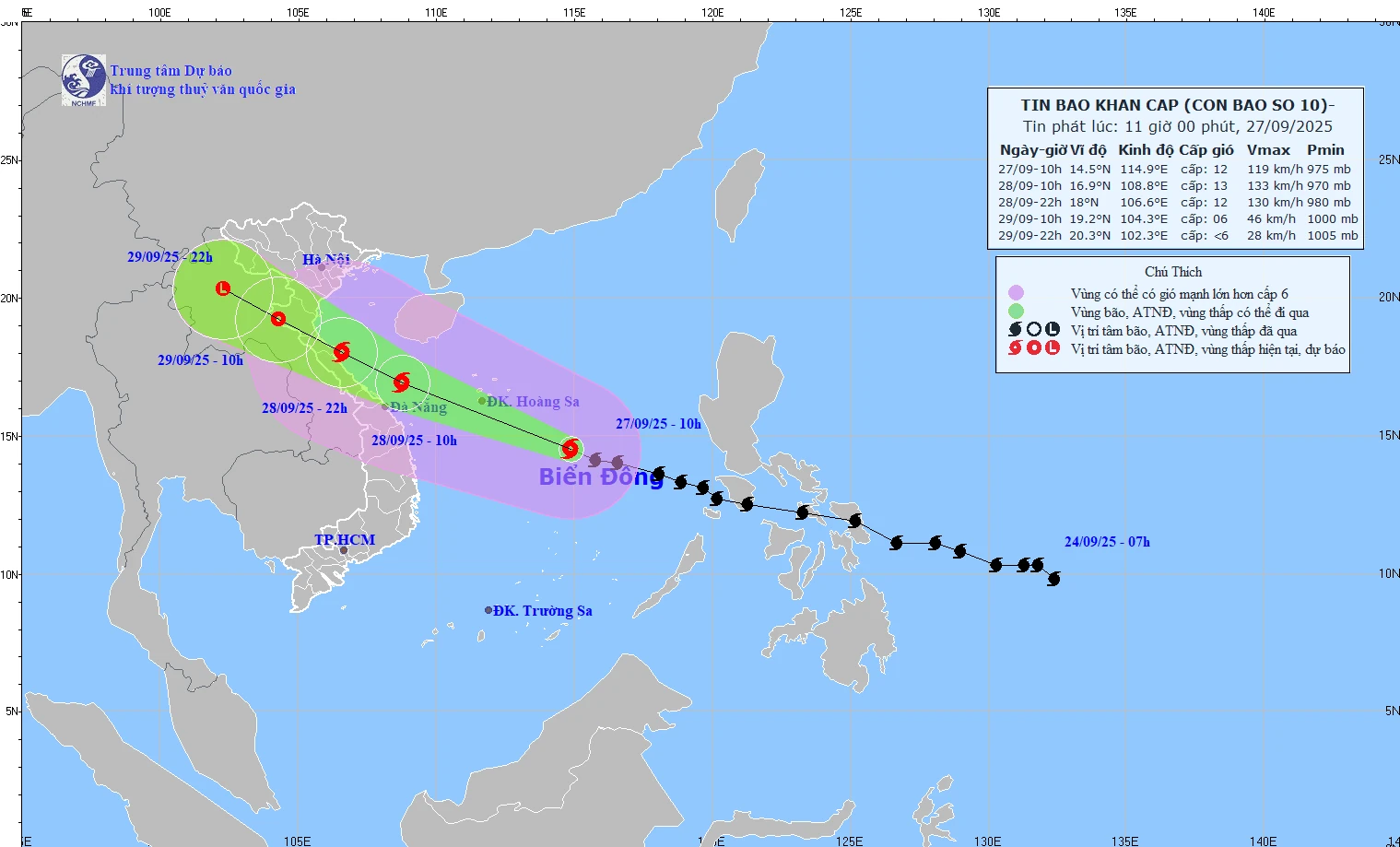 Dự báo sáng 28/9 bão BUALOI sẽ đổ bộ đất liền, gây mưa lớn ở miền Bắc và miền Trung
