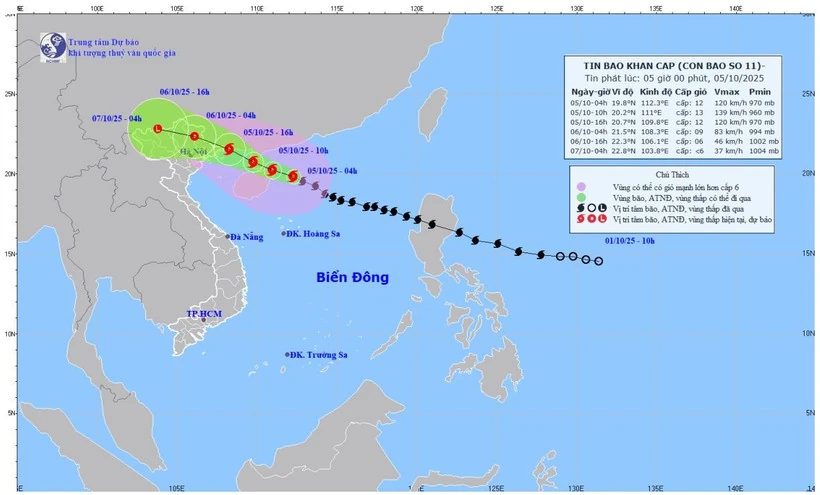 Bão số 11 đang mạnh cấp 12, giật cấp 15, cách Quảng Ninh khoảng 550km