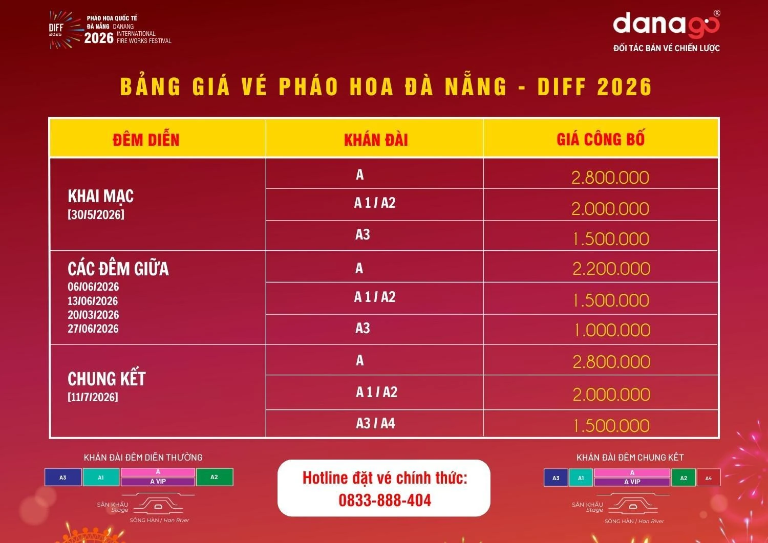 Bảng giá vé pháo hoa Đà Nẵng DIFF 2026 chính thức công bố