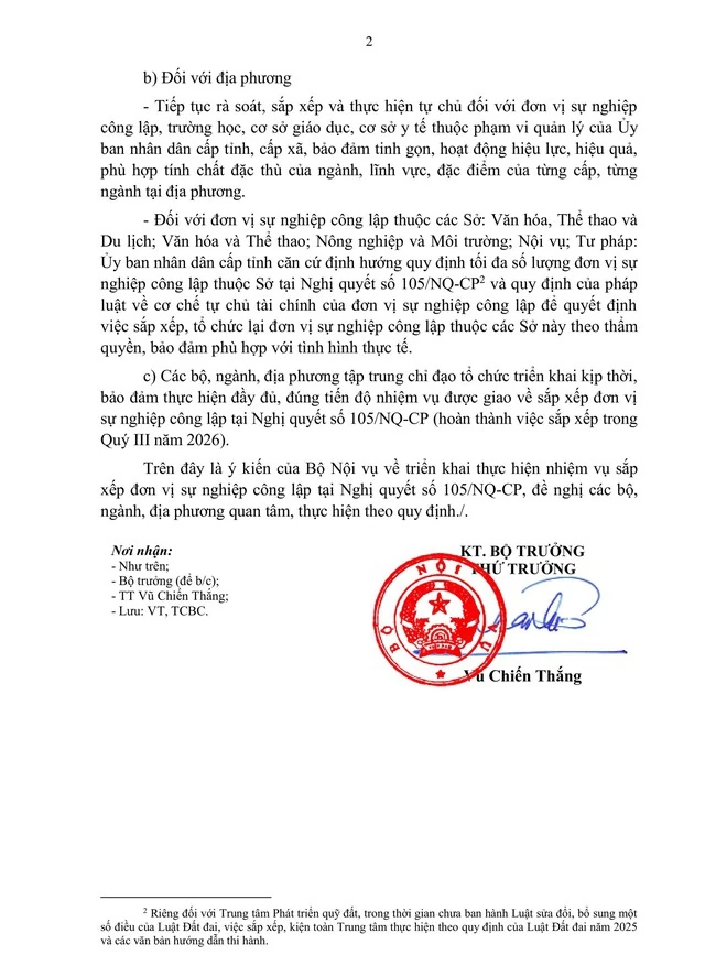 Bộ Nội vụ chỉ đạo rà soát, sắp xếp, thực hiện tự chủ đối với đơn vị sự nghiệp, trường học, cơ sở giáo dục, y tế cấp tỉnh, cấp xã