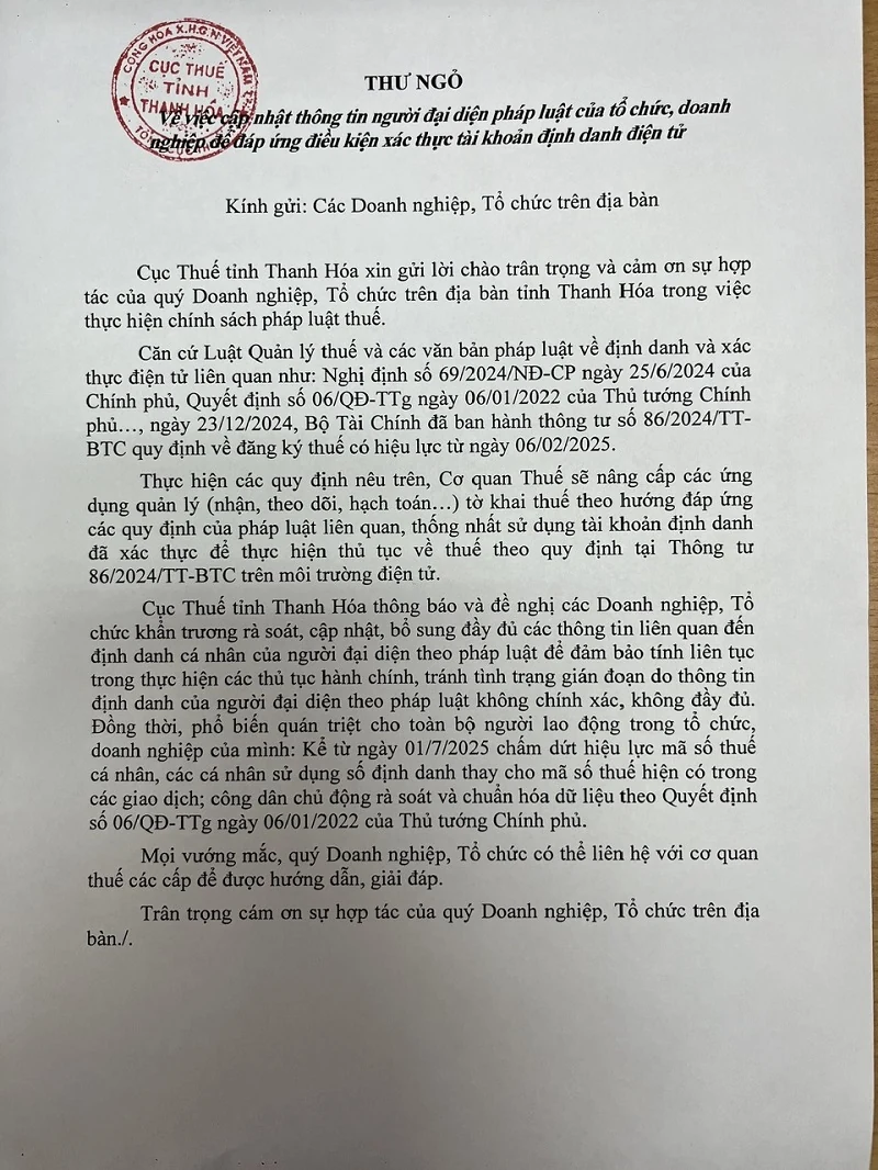 Thư ngỏ của Cục Thuế Thanh Hóa về việc xác thực tài khoản định danh điện tử