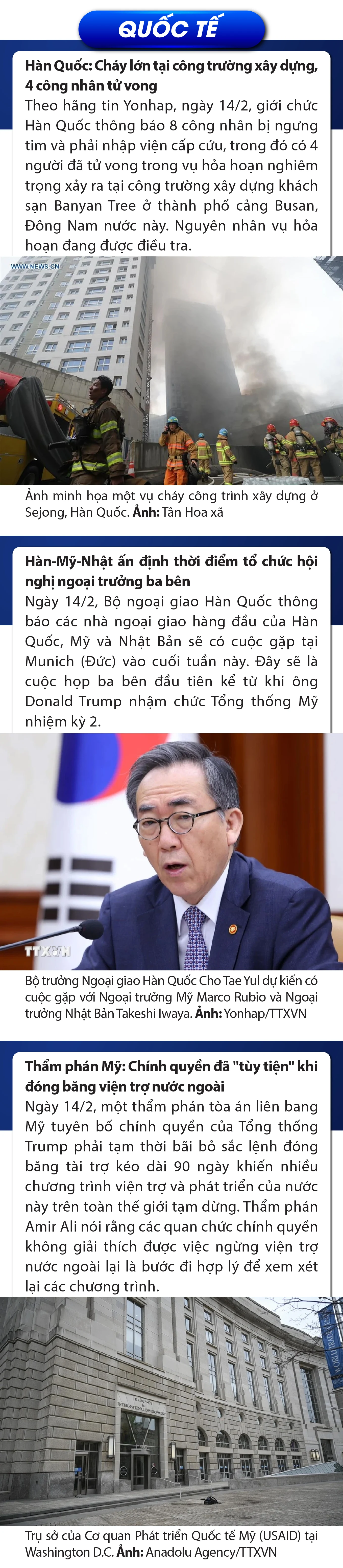 Sự kiện nổi bật trong nước, quốc tế ngày 14/2/2025