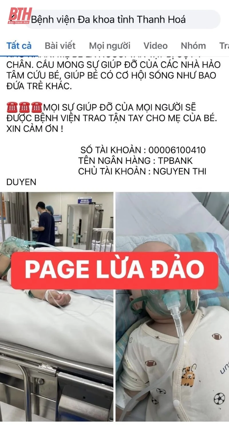 Fanpage mạo danh Bệnh viện Đa khoa tỉnh Thanh Hóa kêu gọi từ thiện