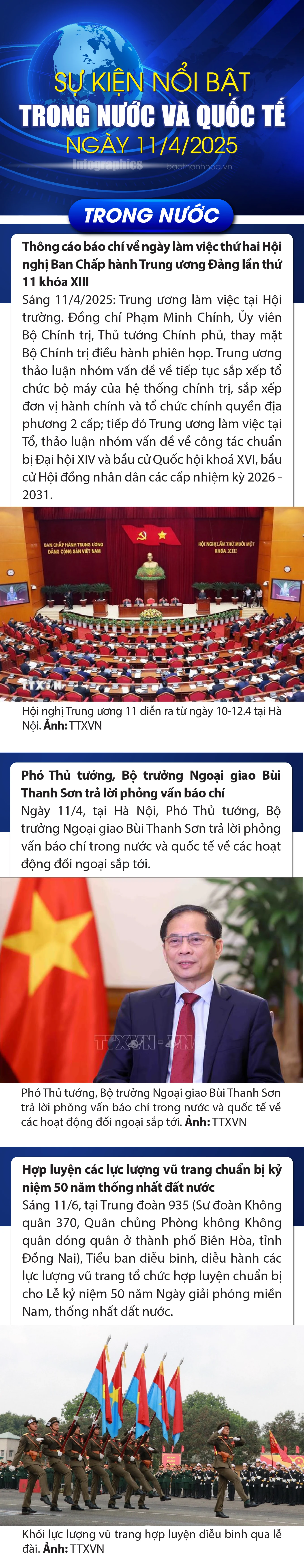 Sự kiện nổi bật trong nước, quốc tế ngày 11/4/2025