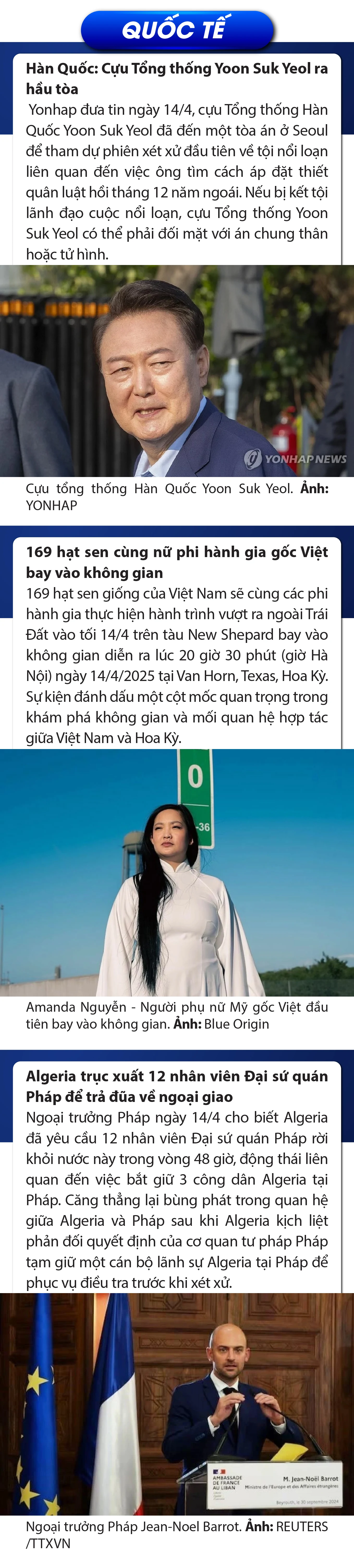 Sự kiện nổi bật trong nước, quốc tế ngày 14/4/2025