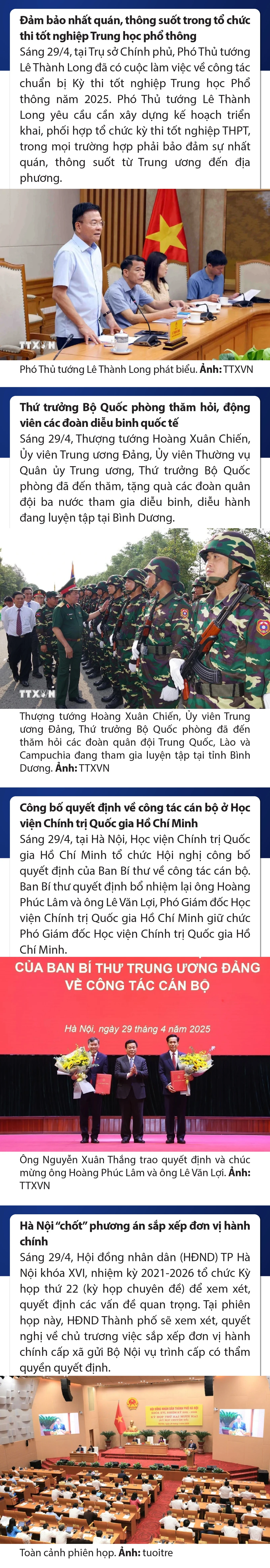 Sự kiện nổi bật trong nước, quốc tế ngày 29/4/2025