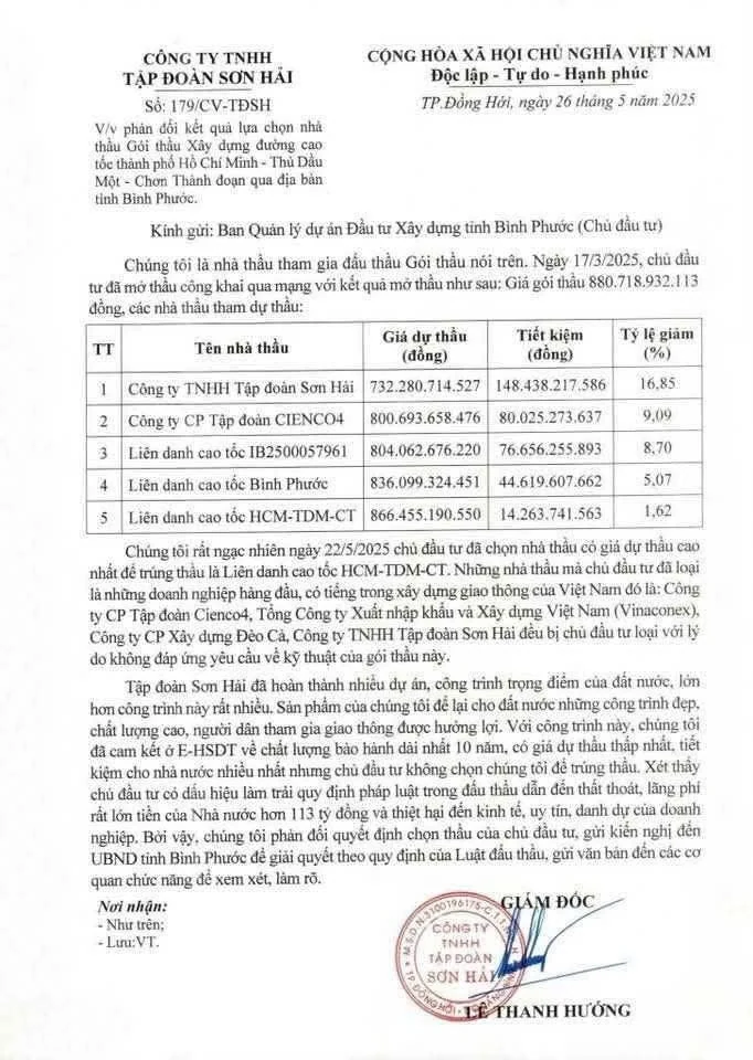 Bình Phước yêu cầu báo cáo vụ Tập đoàn Sơn Hải trượt thầu dự án cao tốc