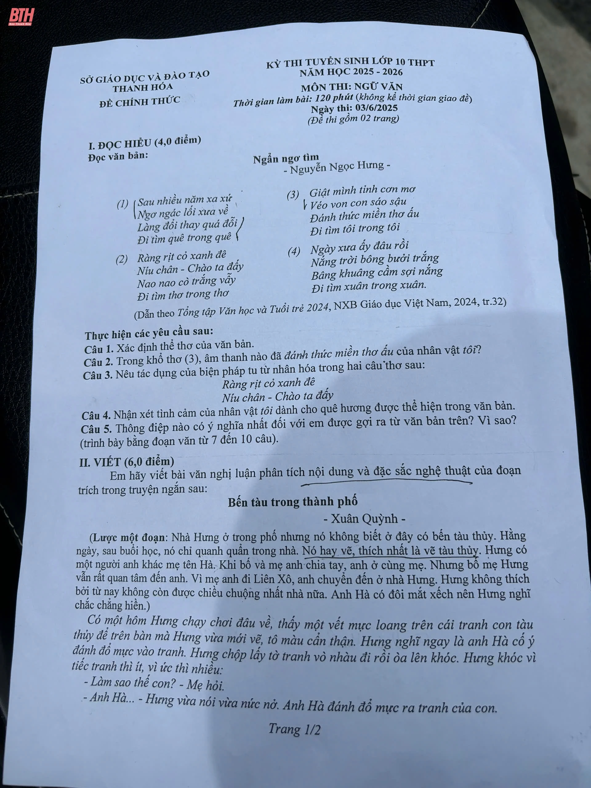 Đề thi môn Ngữ văn: Gợi mở tư duy