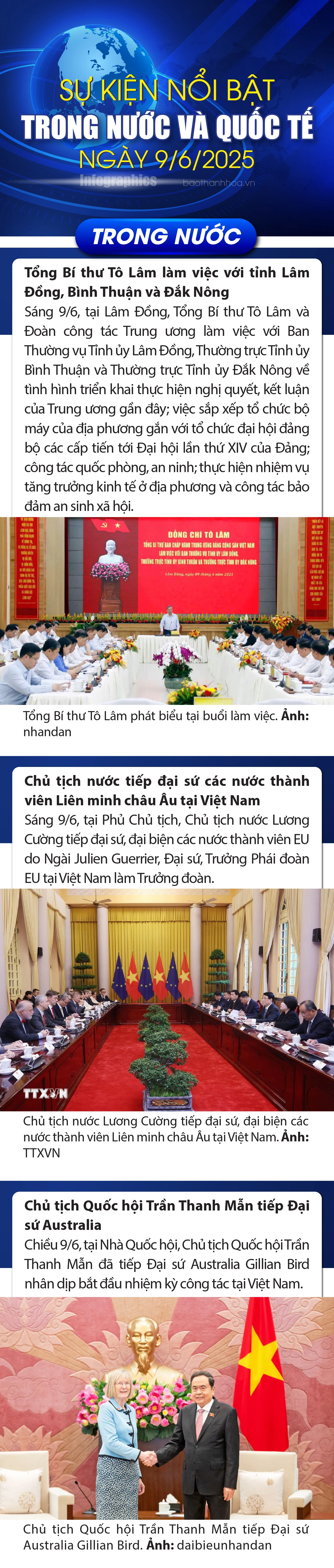 Sự kiện nổi bật trong nước, quốc tế ngày 9/6/2025