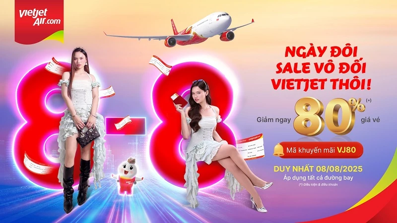 Tưng bừng đón ngày đôi 8/8, Vietjet giảm tới 80% giá vé cho tất cả các đường bay