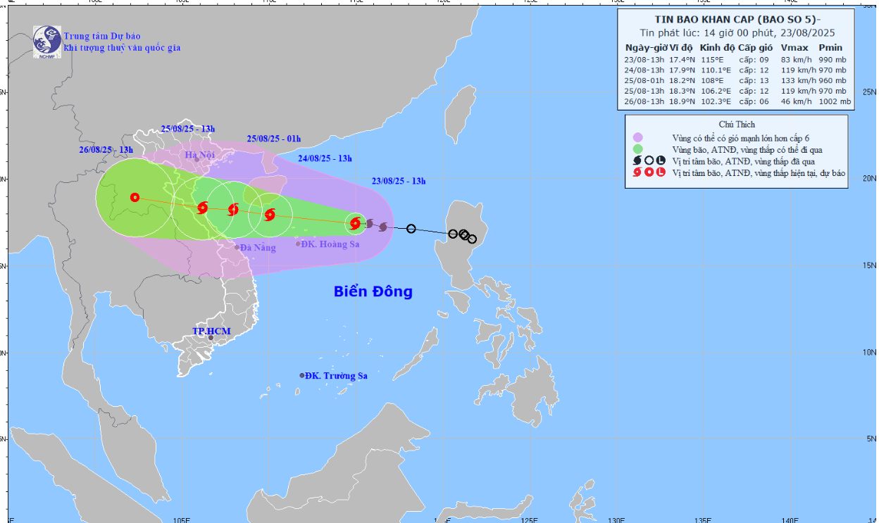 Bão số 5 rất mạnh, di chuyển nhanh, cường độ cực đại có thể đạt cấp 12-13, giật cấp 15