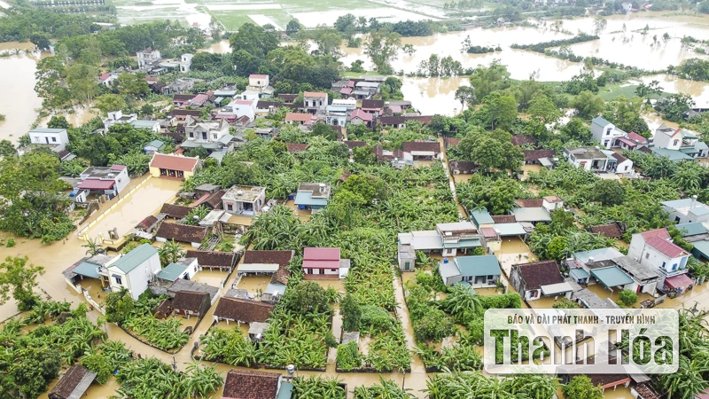 Hàng trăm ngôi nhà ở Hà Trung chìm trong nước, dân sơ tán đồ đạc, vật nuôi lên đê tránh lũ