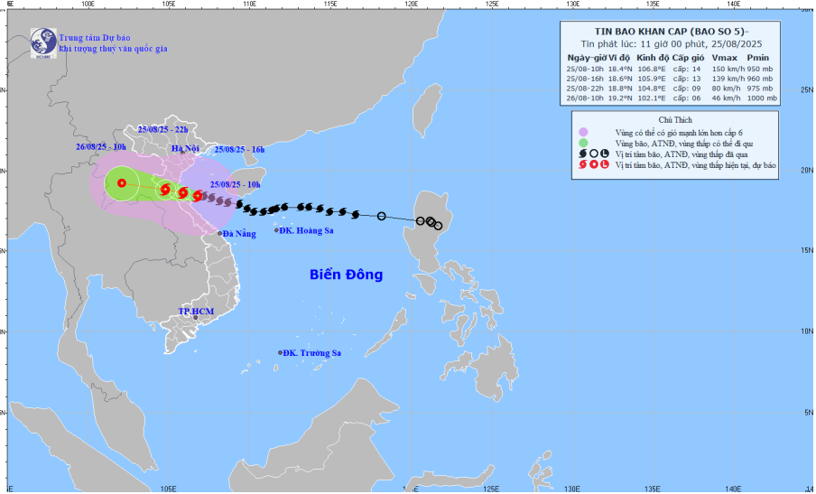 Bão số 5 di chuyển nhanh, dự báo 16 giờ chiều nay vào tới vùng biển từ Thanh Hóa đến Hà Tĩnh