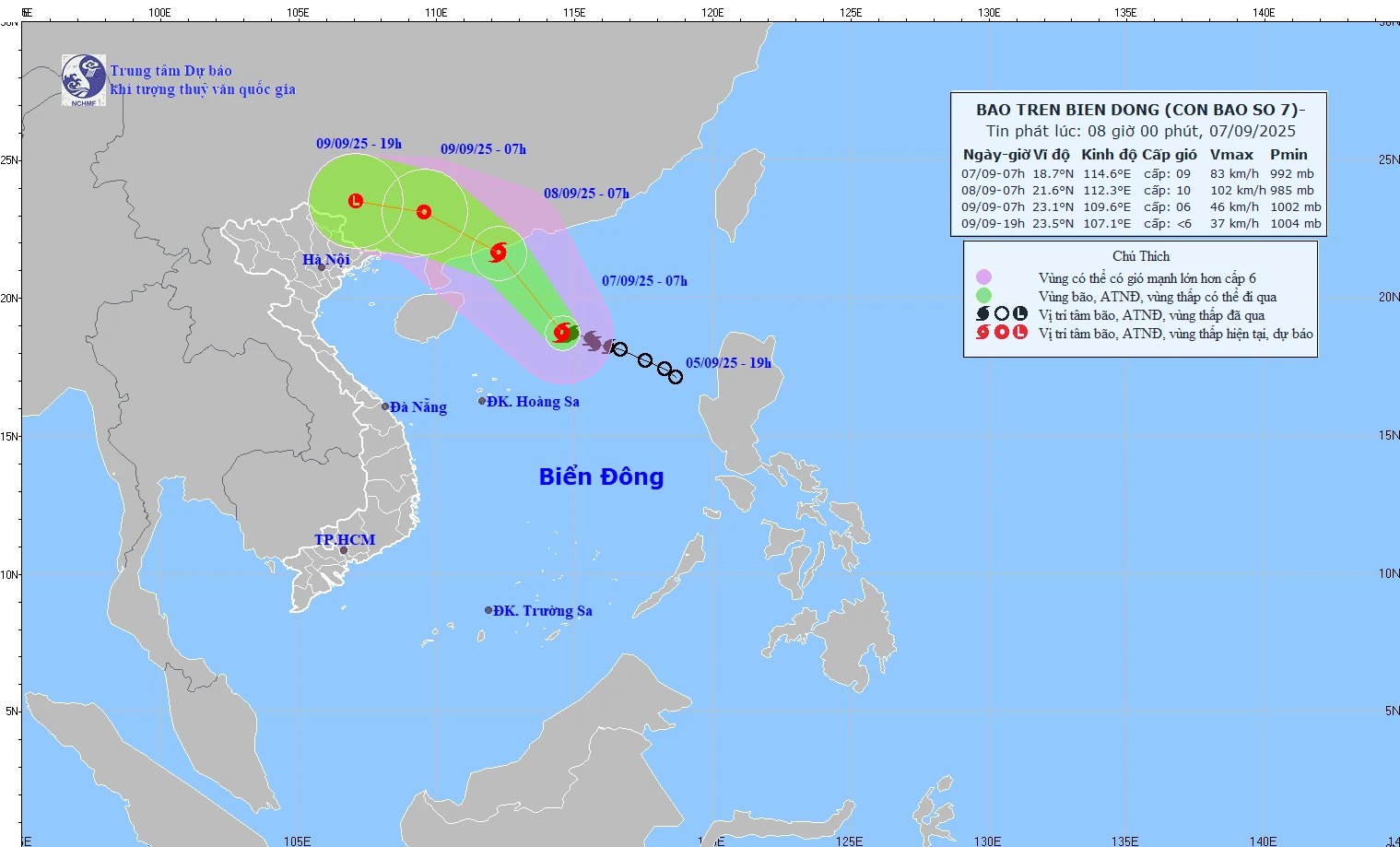 Trong 3 giờ qua, bão số 7 ít dịch chuyển