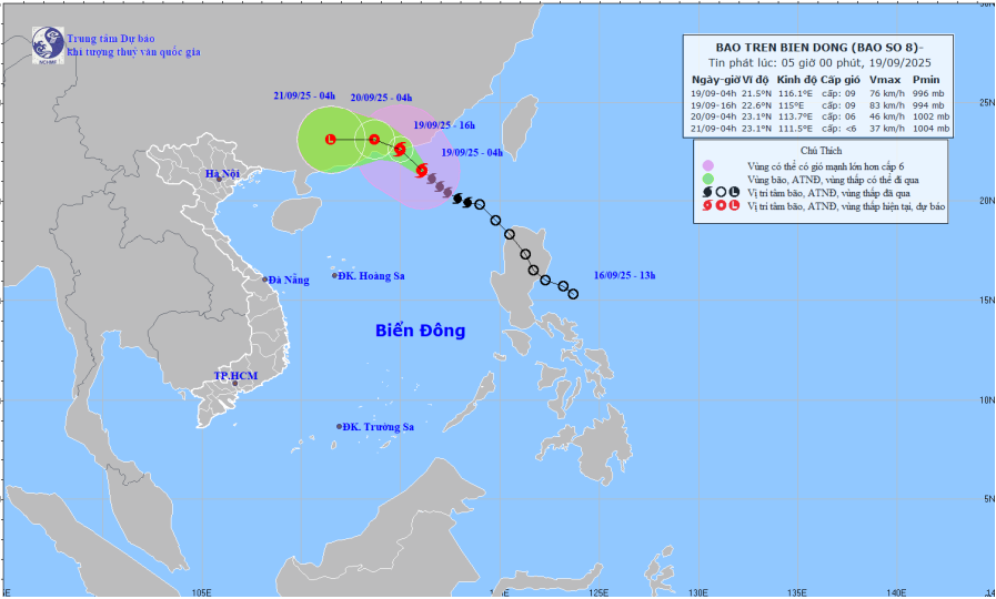 Bão số 8 di chuyển theo hướng Tây Bắc, tốc độ 15km/h, giật cấp 11