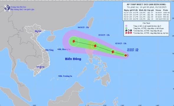 Áp thấp nhiệt đới di chuyển theo hướng Tây, tốc độ 15km/h