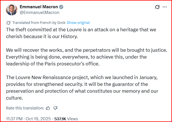 Bảo tàng Louvre báo động đỏ: Tổng thống Macron lên án vụ trộm cổ vật, cam kết không khoan nhượng